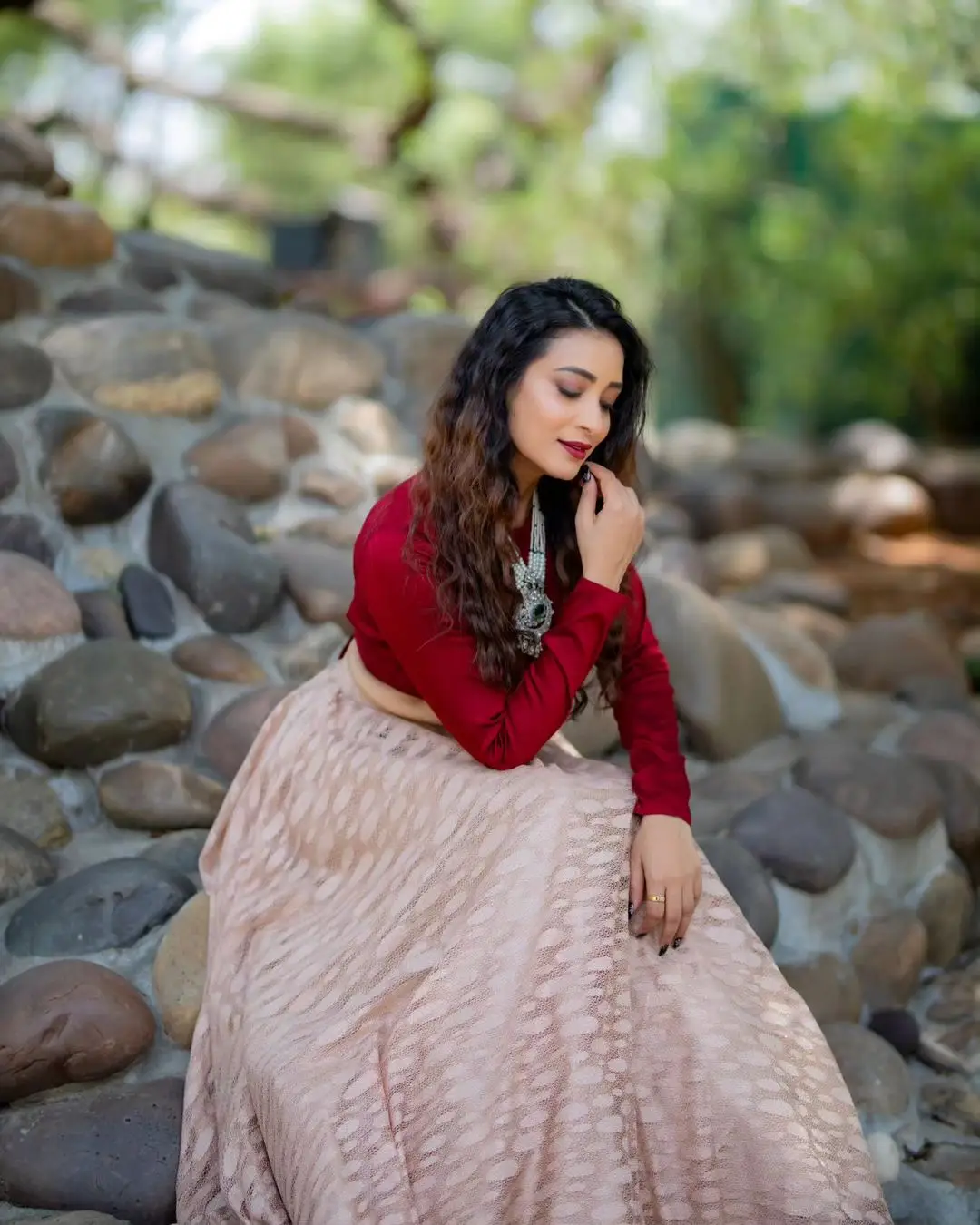 ETV Actress Bhanu Sri in Beautiful Maroon Lehenga Choli